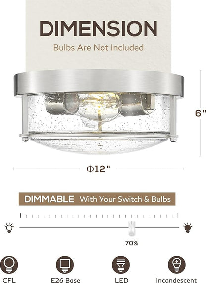 FEMILA Brushed Nickel Flush Mount Ceiling Light, 12" Bedroom Ceiling Light, Seeded Glass, E26 Base, 4FTJ22-F BN