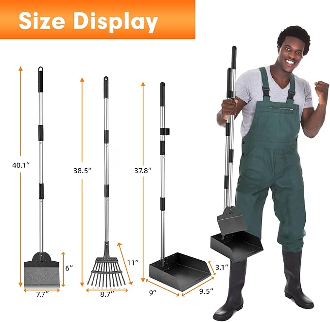 Dog Pooper Scooper, Adjustable Handle Poop Scooper with Tray,Rake and Spade Set of 3, Steel Stainless Poop Scoop for Medium Large Dogs and Pet Waste on Grass, Dirt and Gravel (Large Size)-Mewly Pet