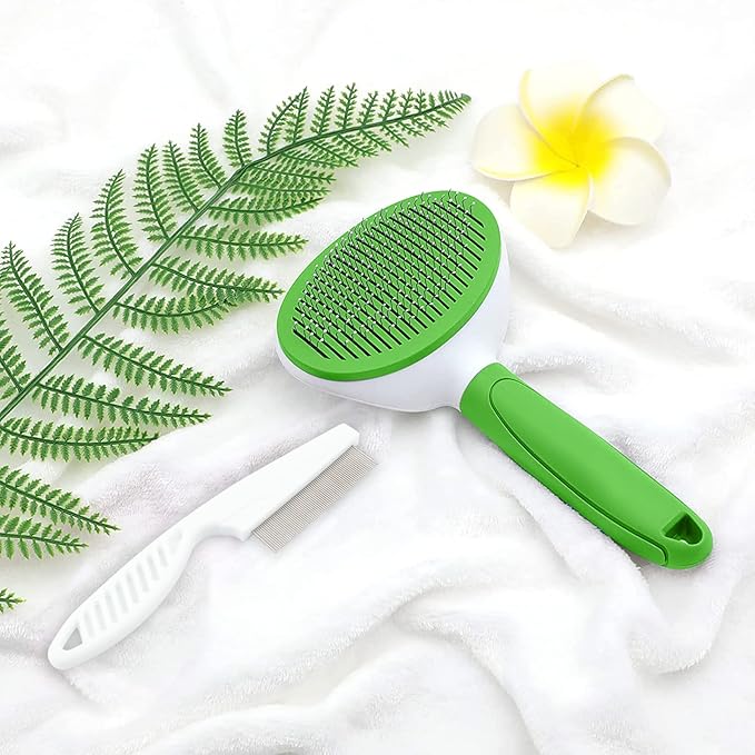Cat Brushes for Indoor Cats, Dog Brush for Shedding with Metal Cat Comb, Self Cleaning Pet Hair Brush with Release Button for Grooming Kitten(Green)-Mewly Pet