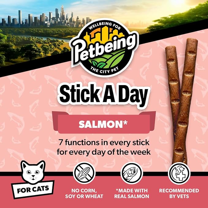 Stick a Day | Specially Formulated 7-in-1 Functions Daily Real Meat Supplement for Cats | Cat Chew Stick & Pet Vitamins Supplements Combination (7-Pack x 4, Salmon)-Mewly Pet