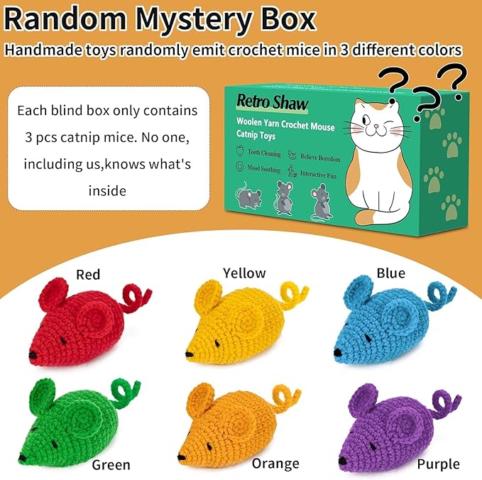 Retro Shaw Catnip Toys Crochet Mice Cat Toys,3 Pcs Yarn Cat Nip Mouse Animals Toy,Safe Teeth Cleaning Toy for Indoor Kittens-Mewly Pet