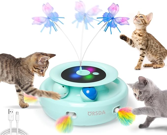 ORSDA Cat Toy, 3-in-1 Automatic Interactive Electronic Moving Ambush Feather, Fluttering Butterfly, Track Balls, USB Rechargeable Powered Smart Indoor Exercise Kicker-Mewly Pet