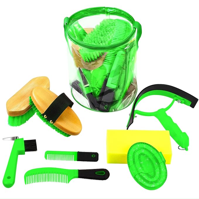9 Pieces Horse Grooming Kit Tack Room Supplies Set with Organizer Tote Bag, Oval Massage Curry, Hard and Soft Brush, Hoof Pick, Sweat Scraper, Bathing Sponge, Combs for Horse Riders Beginners (Green)-Mewly Pet