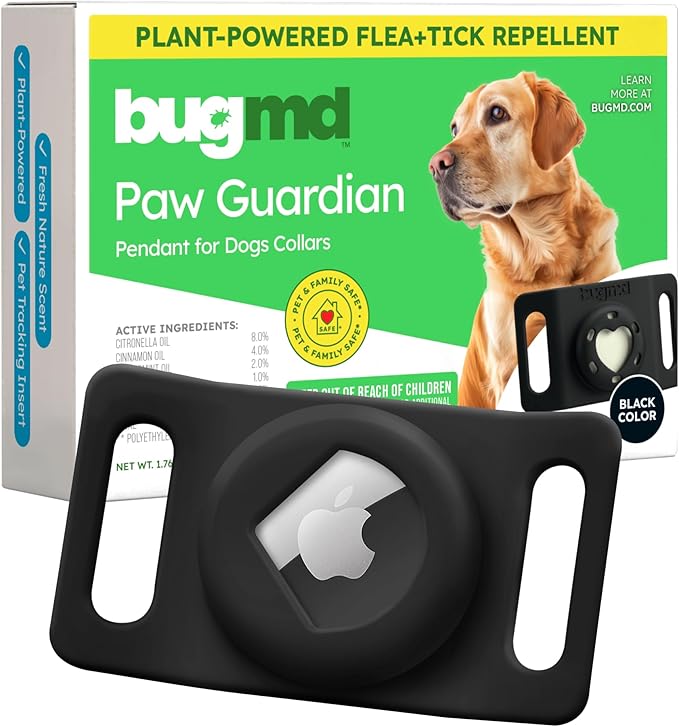 BugMD Paw Guardian Flea and Tick Prevention Pendant for Dogs with AirTag Holder | Plant-Powered Flea & Tick Control for Dog Collars Harnesses | Dog Tag with Air Tag Holder - Black-Mewly Pet