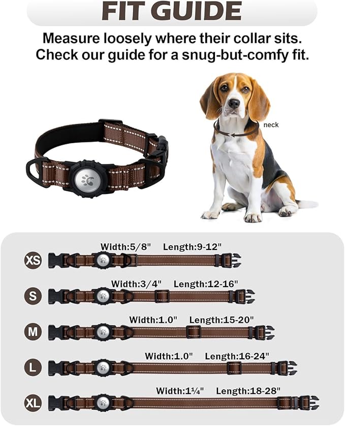TagME Airtag Dog Collar,Waterproof Reflective Pet Collar with Airtag Holder,Soft Padded and Double D-Rings for Medium Dogs,Brown-Mewly Pet