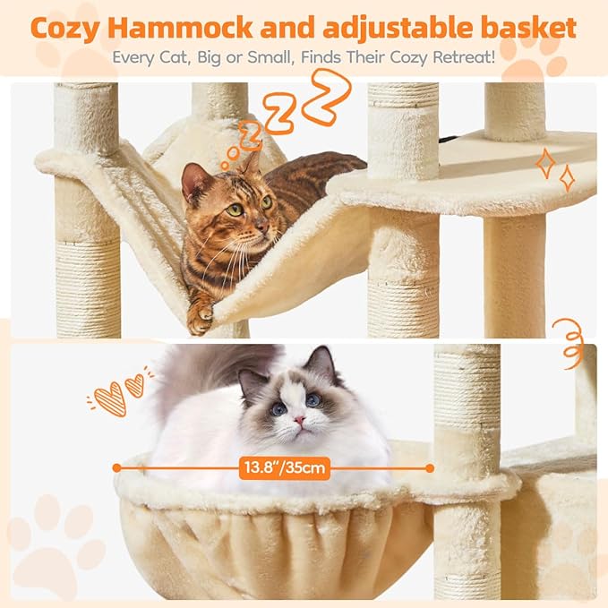 Taoqimiao Large Cat Tree，73-Inch Cat Tree Tower with 9 Scratching Posts for Indoor Cats, 2 Large Cat Condo with Hammock, Hanging Basket, 2 Extended Platform, Beige MS013XLM-Mewly Pet
