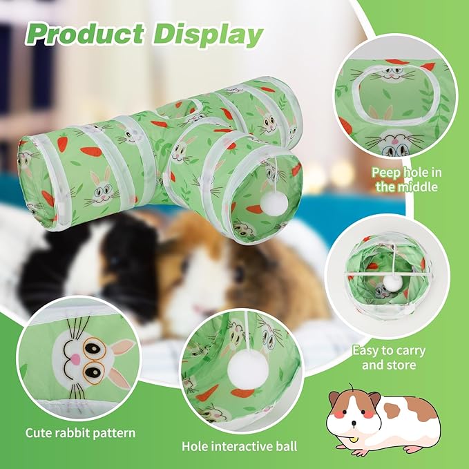 Rypet Guinea Pig Tunnel 3 Way Collapsible Small Pet Tunnels and Tubes with Interactive Ball for Baby Rabbit Ferret Hamster Chinchilla Hedgehog Hiding and Resting-Green-Mewly Pet