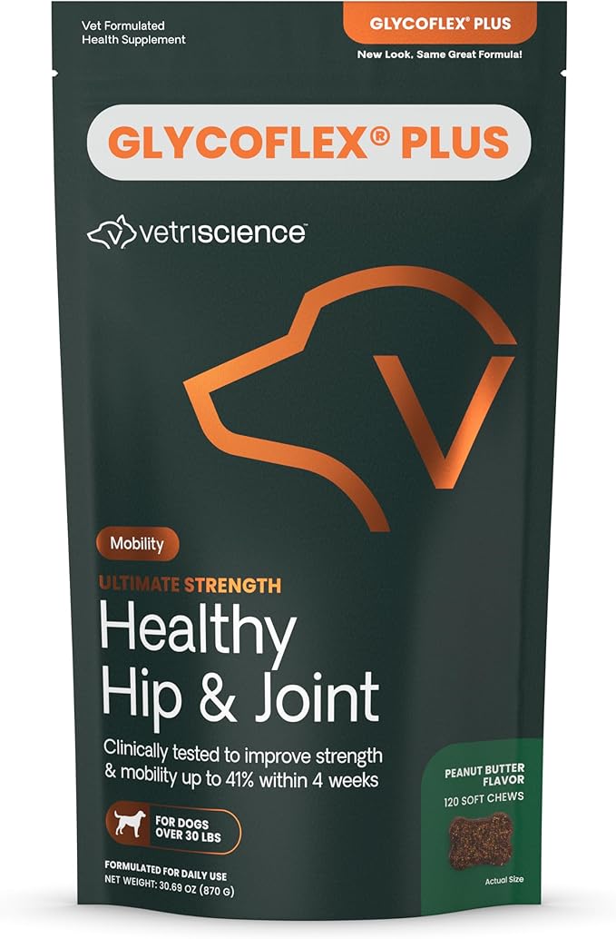 VetriScience Ultimate Strength Healthy Hip & Joint Chews, GlycoFlex Glucosamine, Chondroitin & Green-Lipped Mussel Joint Support Supplement for Dogs, Soothe Joint Discomfort, Peanut Butter, 120 Count-Mewly Pet