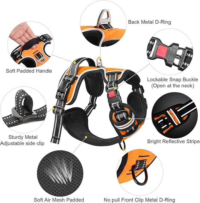 Timos Dog Harness Large Sized, No Pull with Neck Lockable Snap,No Choke Front Clip Dog Reflective Harness,Adjustable Metal Rings 3 Buckles,Easy Control Handle for Large Dogs Orange L-Mewly Pet