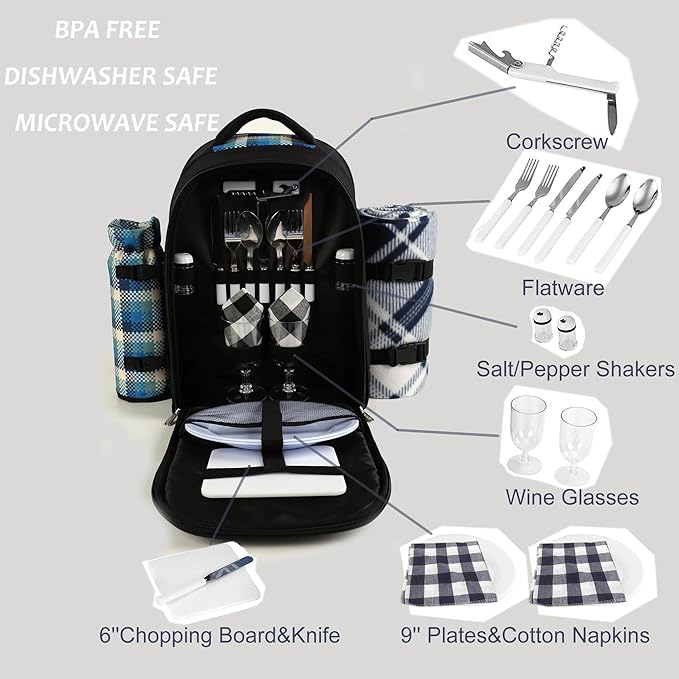apollo walker Picnic Backpack Bag for 2 Person with Cooler Compartment, Detachable Bottle/Wine Holder, Fleece Blanket, Plates and Cutlery Set-Mewly Pet