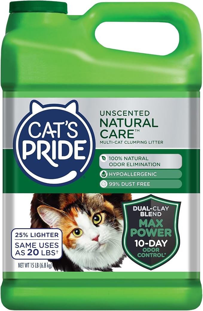 Cat's Pride Max Power: Natural Care - Up to 10 Days of Powerful Odor Control - 100% Natural Odor Elimination - Hypoallergenic - 99% Dust Free - Multi-Cat Clumping Litter, Unscented, 15 Pounds-Mewly Pet