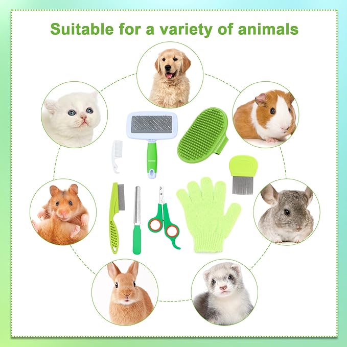 VCZONE 8 Pcs Small Animal Grooming Kit, Pink with Pet Nail Clipper and File, Flea Comb, Pet Shampoo Bath Brush, Pet Shedding Slicker Brush, Bath Massage Glove, Cleaning Comb (Green)-Mewly Pet
