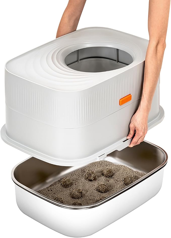 Stainless Steel Sifting Litter Box with Lid, Metal Litter Pan with Scoop for Big Cats Multi Cat, Extra Large Cats Litterbox Odor Control, Easy Clean (23*16.5*16.5inch-with Enclosure, X-Large)-Mewly Pet