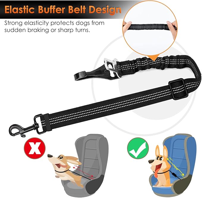 SlowTon Dog Seat Belt, Adjustable Dog Safety Belt Leash, 2 in 1 Latch Bar Attachment Dogs Car Seatbelt with Elastic Nylon Bungee Buffer, Reflective Nylon Belt Tether Connect to Dog Harness(B,35.5in)-Mewly Pet