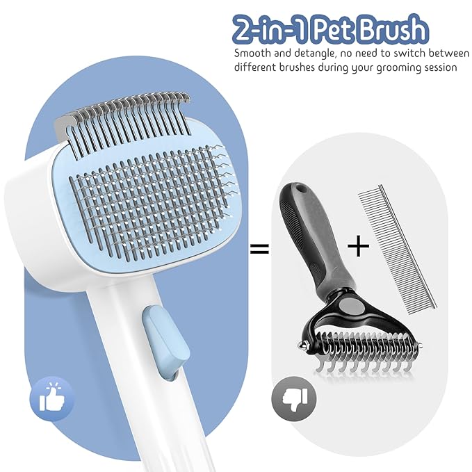 Self Cleaning Slicker Brush, 2-in-1 Cat Brush for Shedding, Skin Friendly Grooming Tool for Long & Medium-Long Hair Pets, Adjustable Bristle Length with Dematting Comb for Cats, Dogs (Blue)-Mewly Pet
