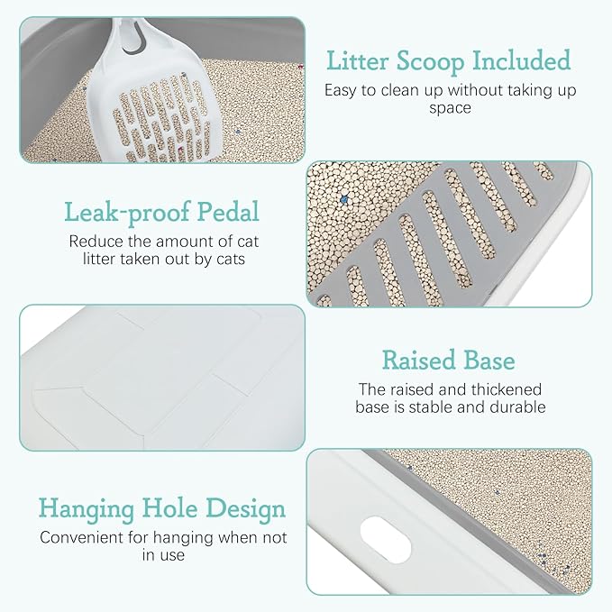 Fhiny Cat Litter Box Portable Shallow Litter Box 17.7"x13.4"x4.9" Foldable Cat Toilet with Scoop Open Kitty Potty Pan with Litter Drop Pedal Easy to Clean Travel Kitten Toilet(Gray)-Mewly Pet