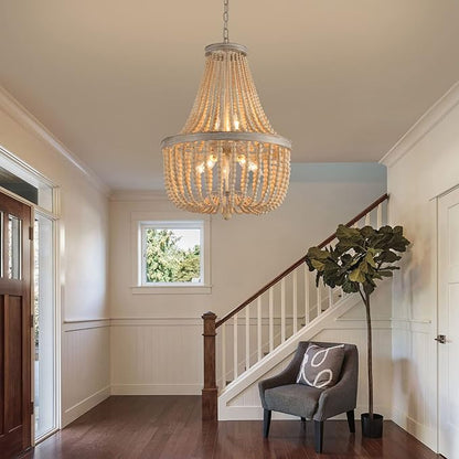 Q&S Farmhouse Wood Beaded Chandelier,Oak White 8-Lights Retro Vintage Antique Rustic Boho Pendant Light Fixture for Foyer Living Room Bedroom Kitchen Dining Room Office Nursery UL Listed