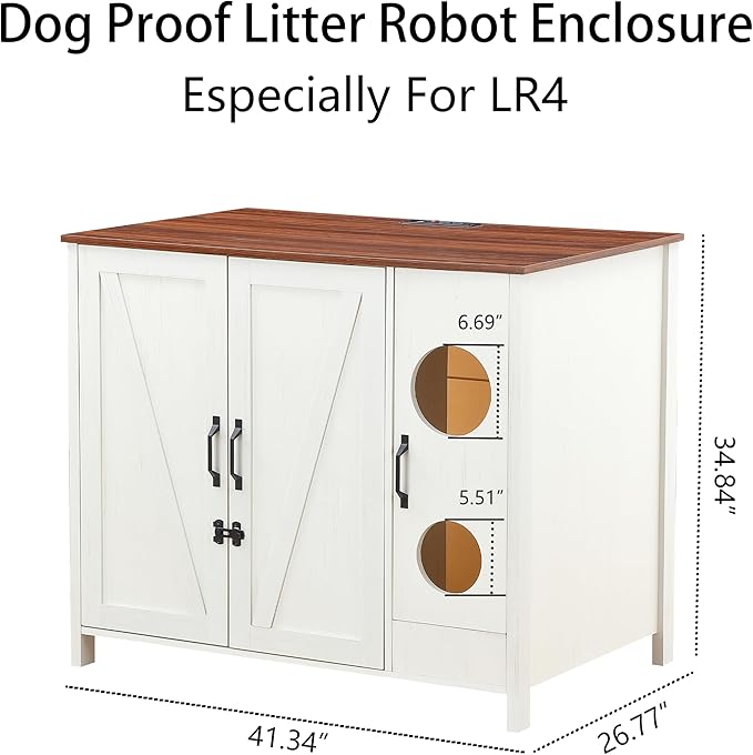 Cat Litter Robot Enclosure, Automatic Litter Box Enclosure for Litter Robot 3/4,Cat-Exclusive entrace for Dog Proof and Fun,Power Outlet for cat Litter Cabinet,Litter Collector,Antique White-Mewly Pet