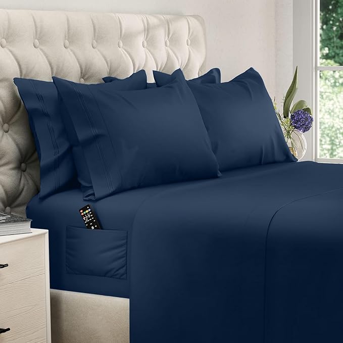 DREAMCARE King Size Sheets Set – 6 pcs Cooling Bed Sheets – up to 15” Deep Pocket King Sheet Set – 2500 Supreme Collection – Extra Soft 100% Brushed Microfiber Hotel Luxury with Side Pocket – N Blue