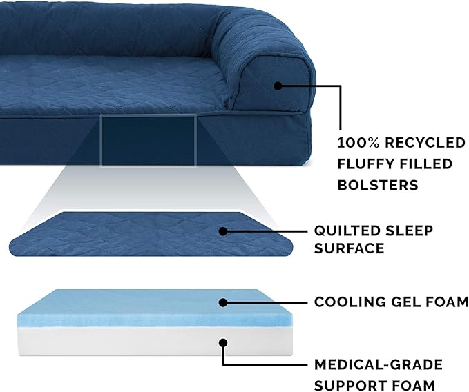 Furhaven Cooling Gel Dog Bed for Large Dogs w/ Removable Bolsters & Washable Cover, For Dogs Up to 125 lbs - Quilted Sofa - Navy (Blue), Jumbo Plus/XXL-Mewly Pet
