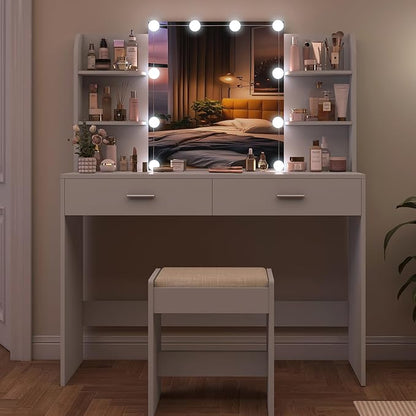 usikey Vanity Desk, Makeup Vanity Table with 10 LED Light Bulbs, Vanity Table, Vanity Desk Set with 2 Drawers, 6 Storage Shelves & Cushioned Stool for Women Girls, Bedroom, Grey