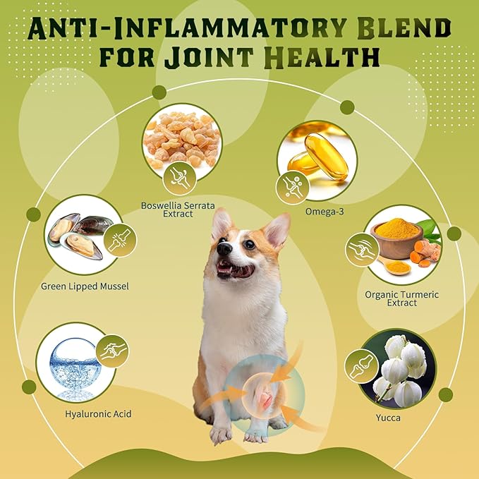 Glucosamine for Dogs, Hip and Joint Supplement for Dogs with Chicken Flavor, Anti Inflammatory, Dog's Chondroitin, Digestive Enzymes, Omega-3, Vitamin D, MSM, Calcium, Turmeric, 120 Freeze-Dried Chews-Mewly Pet