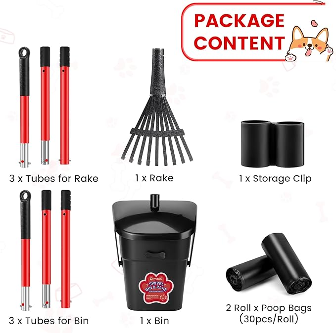 Pooper Scooper Swivel Bin and Rake with 60 Waste Bags, Heavy Duty Dog Poop Scooper for Large Medium Small Dogs, Long Stainless Steel Handle Use on Yard, Grass, Dirt or Gravel-Mewly Pet