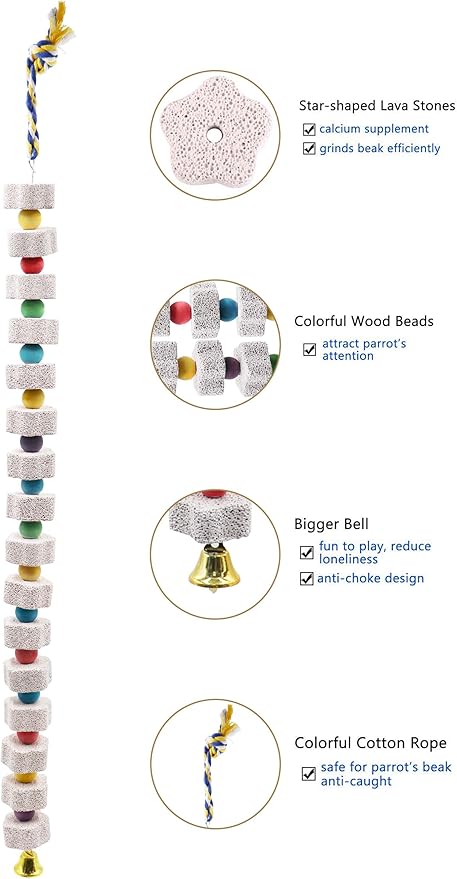 2 Pack 27 Inches Extra Long Bird Chewing Toy, Parrot Beak Grinding Calcium Stone with Bells, Bird Cage Accessories, Cage Toys for Cockatiel Parakeet Parrot Budgies Rat Hamster Rabbit African Grey-Mewly Pet