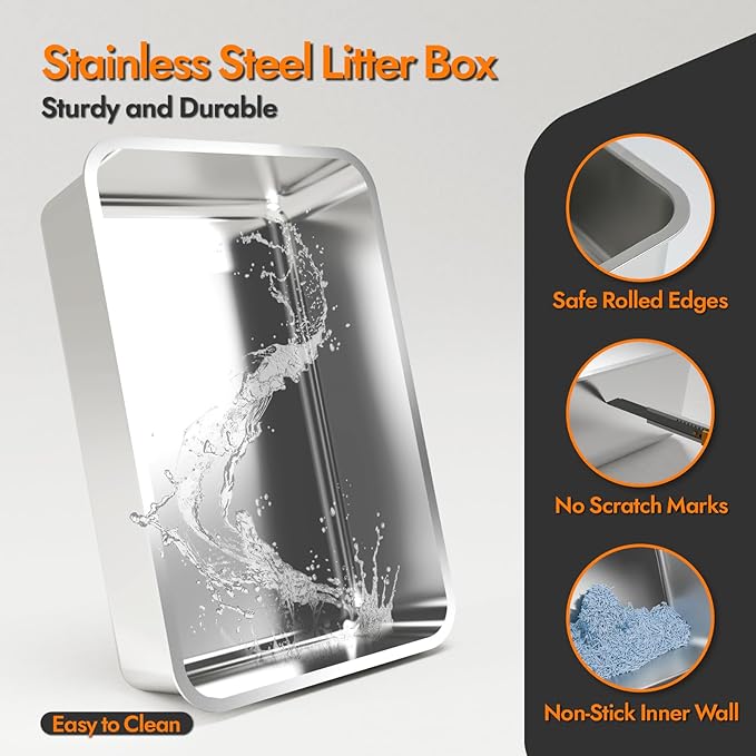 Stainless Steel Cat Litter Box with Lid, 24" L x 16" W x 11.8" H, Large Cat Litter Box for Multiple Cats with High Sided, No-Leak & Stick, Easy to Clean, Includes Litter Mat & Multi Functional Scoop-Mewly Pet