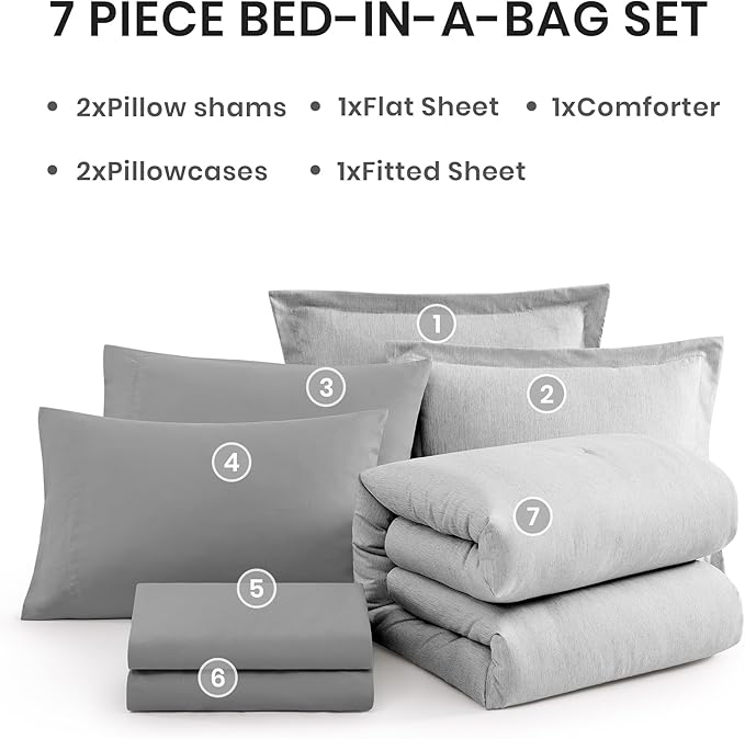 Monbix Full Size Comforter Set, Grey Bedding Comforter for Full Size Bed Set Reversible, Bedding Sets Full 7 Pieces, Cationic Dyeing Bed in a Bag with Comforter, Sheets, Pillowcases & Shams