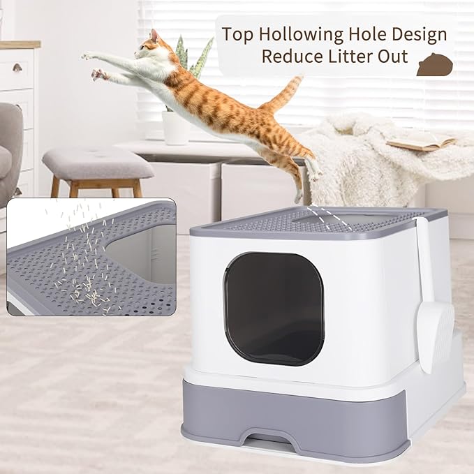 RIZZARI Large Enclosed Cat Litter Box : Covered Leak-Proof Reduces Odor - for Indoor Use Cat Owners (White)-Mewly Pet