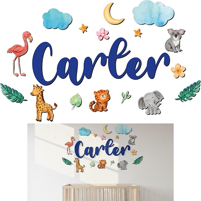 Custom Nursery Name Sign with Themed Decor Kit | Personalized Wooden Wall Art for Baby, Kids Room | Space, Jungle, Circus, Under The Sea, Woodland, Rainbow (60", Jungle/Safari)