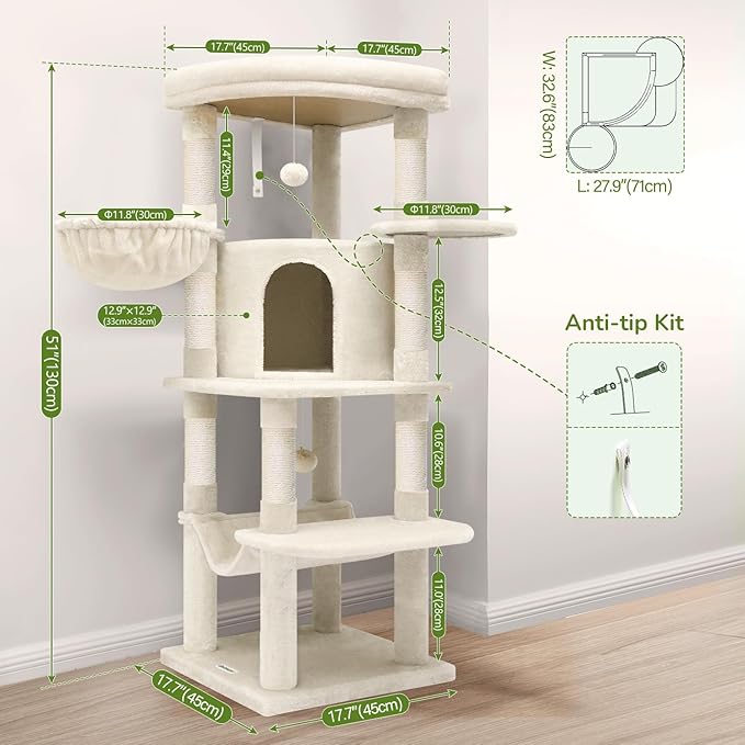 Globlazer Corner Cat Tree Tower with Scratching Post for Indoor Cats, 51in Plush Multi-Level Cat Tower with Large Hammock, Fan-Shaped Padded Perch, Spacious Cat Condo, Hanging Basket, C51, Light Beige-Mewly Pet