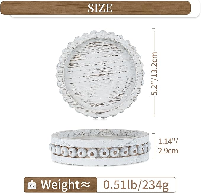Hanobe Wood Plate Candle Holder: Small Candle Plate Set of 3 Decorative White Washed Beaded Holders Tray Round Candle Stick Holders Farmhouse Table Centerpiece for Fireplace Dining Room Home Decor