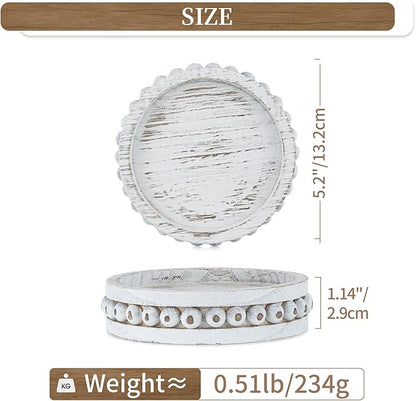 Hanobe Wood Plate Candle Holder: Small Candle Plate Set of 3 Decorative White Washed Beaded Holders Tray Round Candle Stick Holders Farmhouse Table Centerpiece for Fireplace Dining Room Home Decor