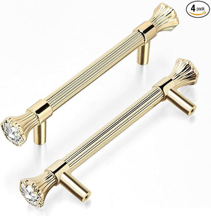 4 Pack Kitchen Cabinet Handles Gold, Crystal Dresser Drawer Pulls, Modern Bathroom Cabinet Handles, Kitchen Hardware for cabinets, Zinc Alloy Pull, 5.7 Inch Length, 4.1 Inch Hole Center