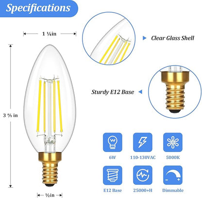 Brightever E12 Candelabra LED Light Bulbs 60 Watt Equivalent, 12 Packs Super Bright 620 Lumen, 6W Clear LED Candle Bulbs, Daylight White 5000K Dimmable Chandelier Light Bulbs for Ceiling Fan