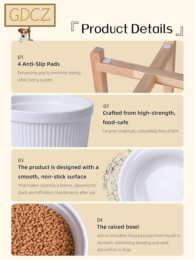 Large Dog Food Bowl, 65 oz Ceramic Bowls for Medium Breed, Pet Food Water Dish Heavy Wighted, Raised Dog Bowl with Wooden Stand, White-Mewly Pet