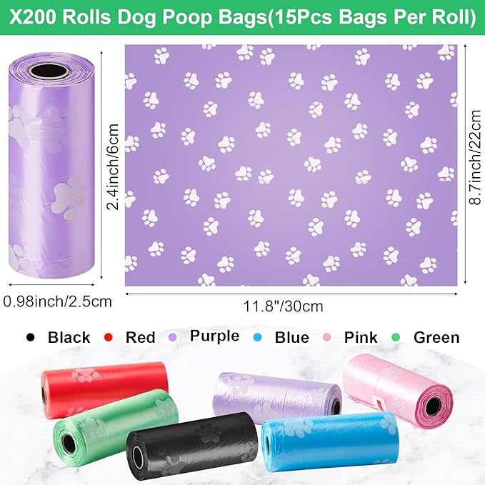 Thenshop 3000 Counts 200 Rolls Dog Poop Bag Plastic Dog Waste Bags Disposable For Doggie Pets Poop Outdoor Walking Travel Mixed Colors(Paw Print Style)-Mewly Pet