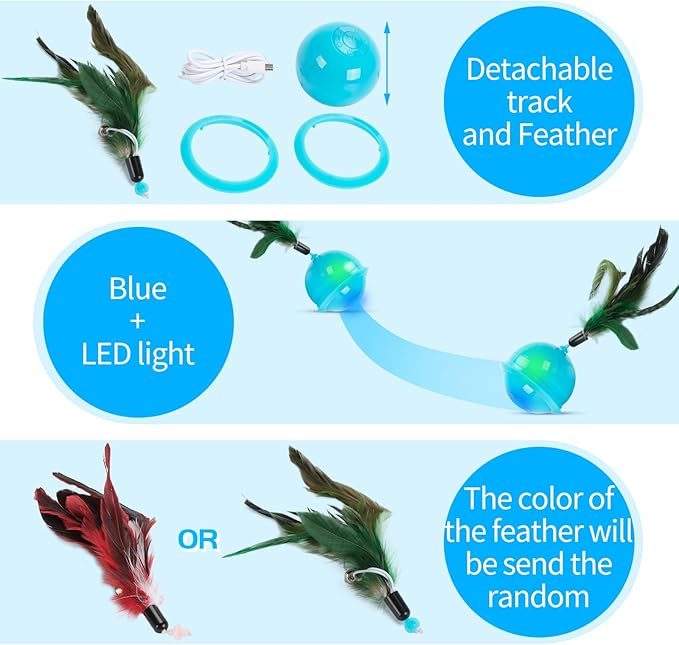 Cat Feather Toy Ball Automatic Moving Interactive Cat Toys for Indoor Cats, Self Rolling Electric Smart Tumbler Ball with Colorful Light and Big Feather Chasing Game (Blue)-Mewly Pet
