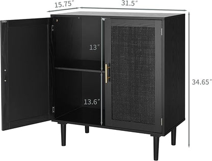 Finnhomy Sideboard Buffet Kitchen Storage Cabinet with Black Painted Rattan Decorated Doors, Dining Room, Hallway, Cupboard Console Table, Liquor/Accent Cabinet, 31.5X 15.8X 34.6 Inches, Black