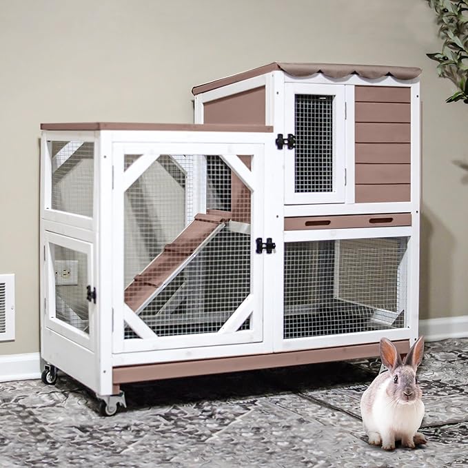 Gutinneen 2-Story Rabbit Hutch with Chew-Proof Ramp & Leak-Proof Trays - Indoor/Outdoor 39.3" Wooden Rabbit Cage with Wheels for Rabbits, Guinea Pigs-Mewly Pet