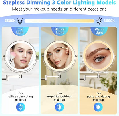ALHAKIN 9" Wall Mounted Lighted Makeup Mirror, Rechargeable 1X/15X Magnifying Mirror with 3 Color Lights Dimmable, 360° Rotation, Nickel