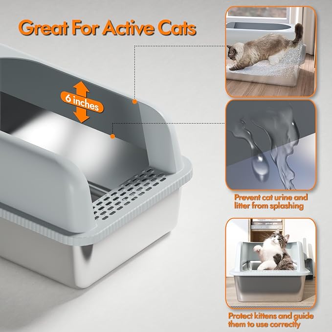 Stainless Steel Cat Litter Box with Lid, 24" L x 16" W x 11.8" H, Large Cat Litter Box for Multiple Cats with High Sided, No-Leak & Stick, Easy to Clean, Includes Litter Mat & Multi Functional Scoop-Mewly Pet