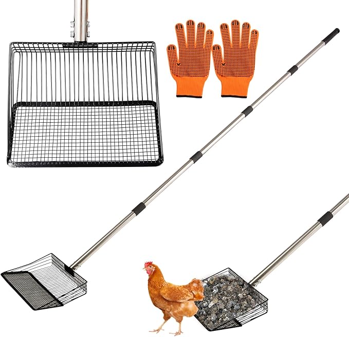 10inch Large Metal Chicken Poop Scooper, 36" to 75" Long Chicken Coop Litter Scoop with Stainless Steel Adjustable Handle, 4 in 1 Detachable Litter Sifting Shovel Scoop for Chicken Coop Accessories-Mewly Pet