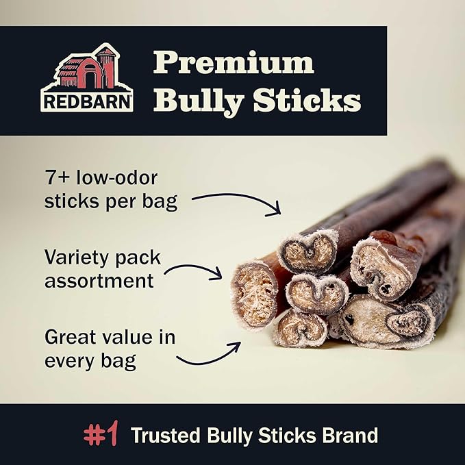 Redbarn Pet Products All Natural 8-12" Bully Sticks for Medium/Large Dogs - Healthy Long Lasting Chews Variety Party Pack - 100% Beef Single Ingredient Low Odor Rawhide Free - 1lb - Packaging May Vary-Mewly Pet