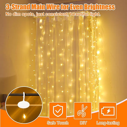600LED Curtain Lights for Bedroom, 19.6ft x 9.8ft Fairy Curtain String Light with 24 Hooks, 8 Modes Hanging Lights for Wedding, Party, Backdrop, Window, Xmas Decor, Warm White
