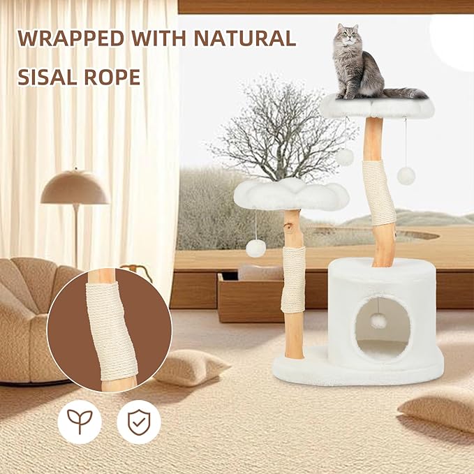 Cute Cat Tree Tower for Indoor Cats Adult, Wood Flower Cat Trees with 6 Pompoms, Modern Cat Tree Tower with Scratching Post, Aesthetic Luxury Cat Condo for Cats Kitten, Alpine White-Mewly Pet