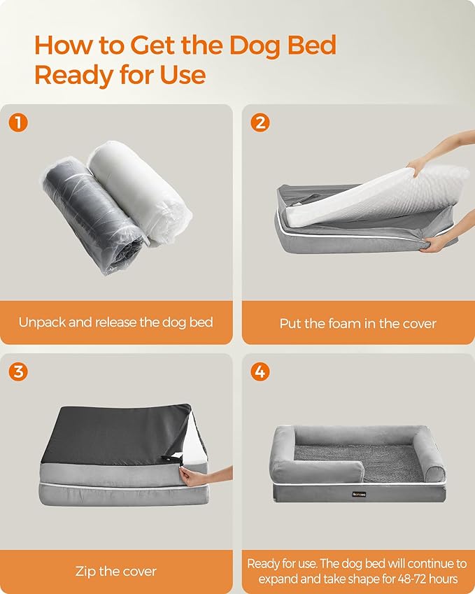 Feandrea Orthopedic Dog Bed, Large Dog Bed Waterproof, Removable Washable Cover Sofa with Non-Slip Bottom, Raised Edges, 48 x 33 x 8 Inches, Light Gray UPGW078G02V1-Mewly Pet