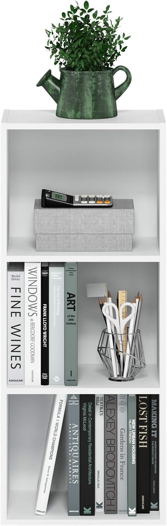 Furinno LUDER Book Shelf, 3-Cube Bookshelf, Bookcase, 9.3" x 12" x 31.5", for Living Room, Bedroom, Home Office, White